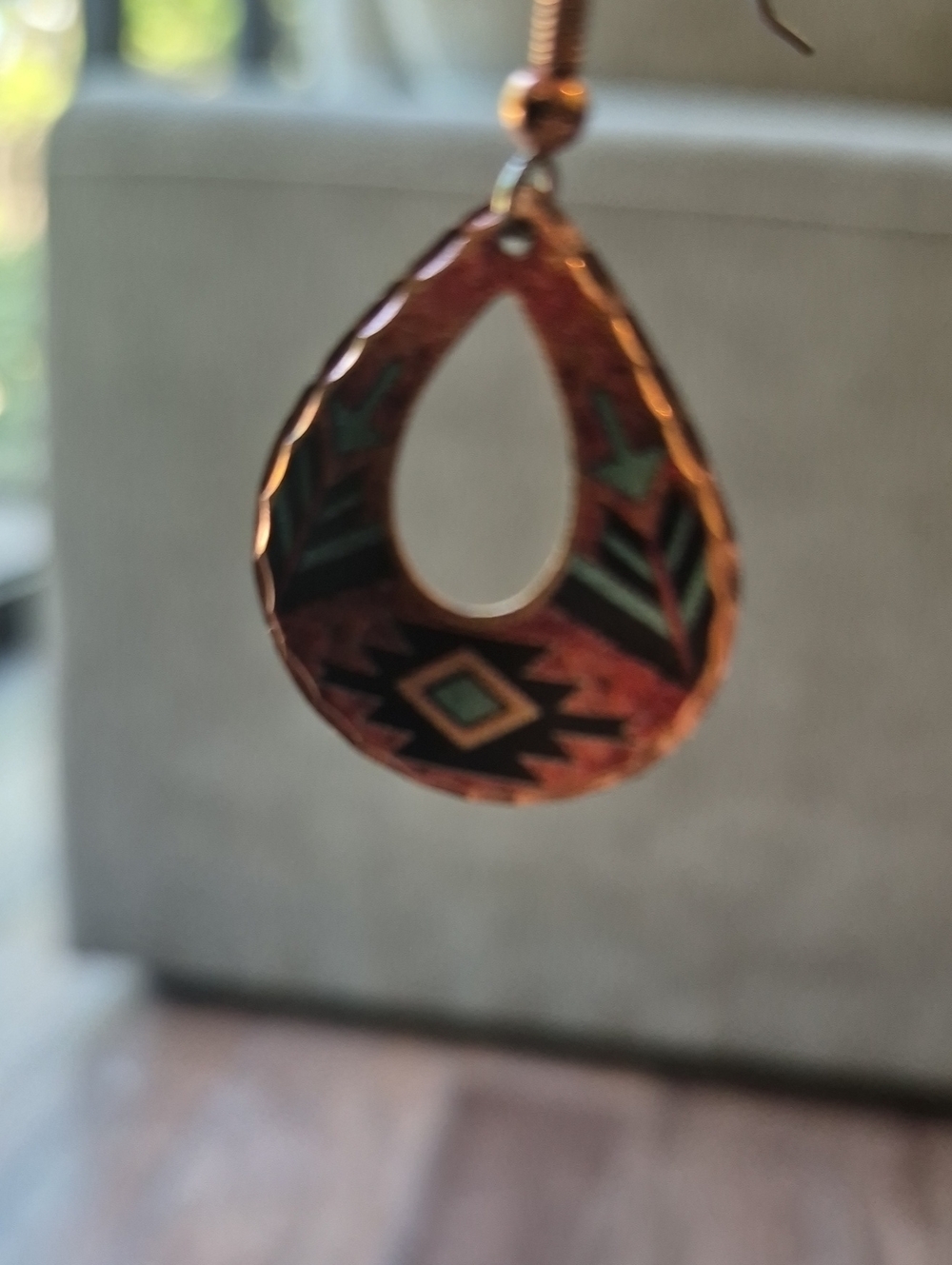 Southwestern Aztec Print Copper & Silver Tone Tear Drop Dangle Earrings - Picture 6 of 7